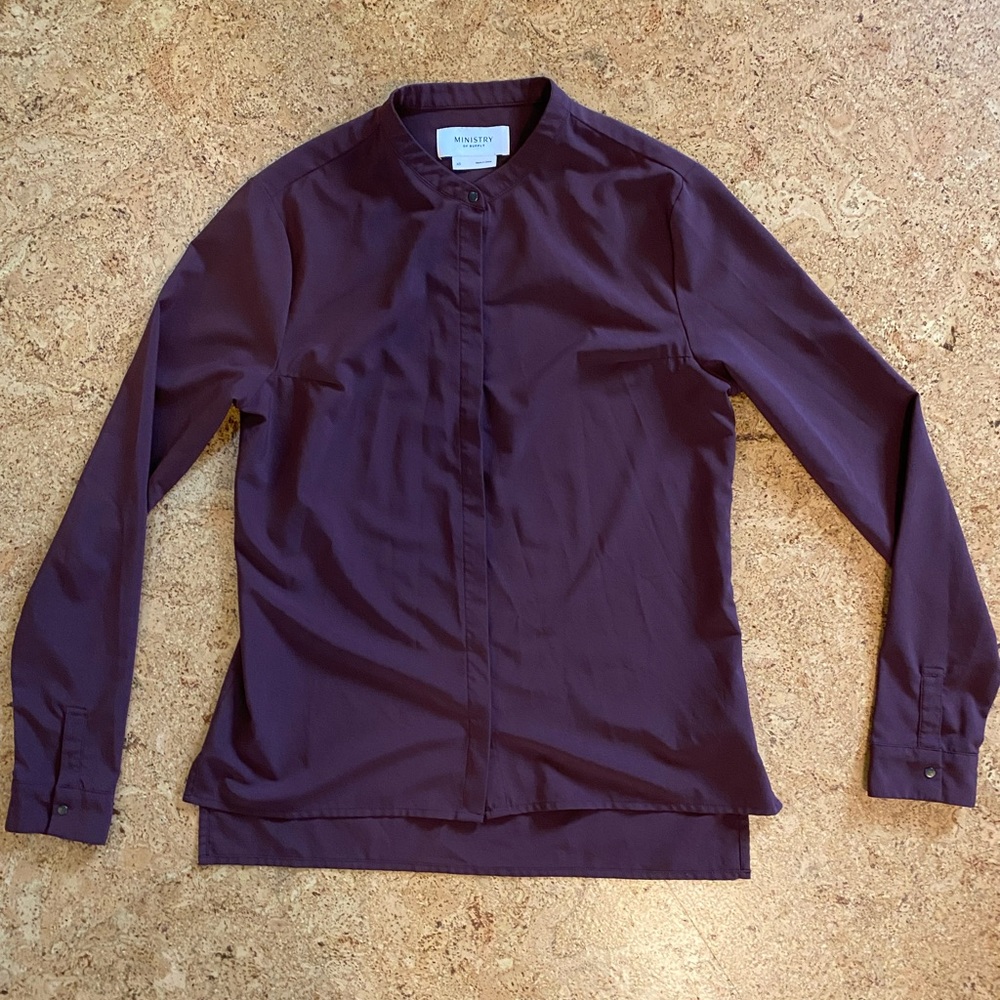 Ministry of Supply - Easier than Silk Collarless Blouse - Dark Burgundy Size XS